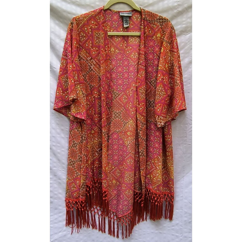Catherines Womens Fringe Kimono Cardigan 1X 18/20W Pink/Orange Geometric Pattern